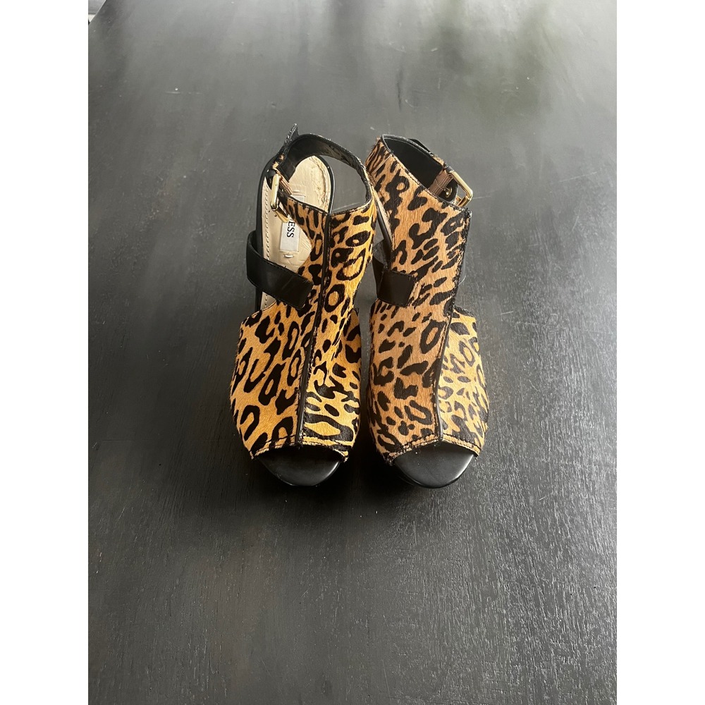 Guess Leopard Print Calf Hair Platform Stiletto Sandals Peep Toe Slingback